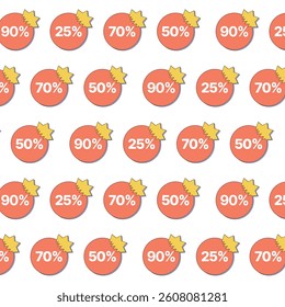 Vector illustration featuring a repeating pattern of coral-colored circles with various discount percentages (90%, 25%, 70%, 50%) and starbursts, perfect for retail promotions and marketing campaigns.