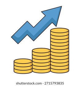 Vector illustration featuring a rising bar graph with a green arrow and golden coins at the base. This concept represents economic growth, investment profit, business success, and financial development. Essential for annual reports, stock market analysis, and startup pitch decks. Isolated on white background.