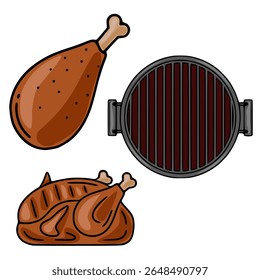 Ilustração vetorial com frango assado, perna de frango e grelha redonda, apresentando um estilo cartoonish com tons castanho e cinza, perfeito para projetos relacionados com alimentos.