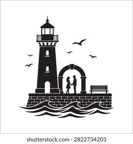 Vector illustration featuring romantic atmosphere at coastal lighthouse with loving couple holding hands under stone archway. Includes seagulls flying in background and wooden bench on stone pier. Perfect for wedding invitation cards travel posters and emotional seaside themed graphic designs.