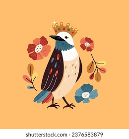 A vector illustration featuring a royal bird isolated on a yellow background. It's perfect for creating prints in the textile industry, greeting cards, and other projects filled with a festive spirit.