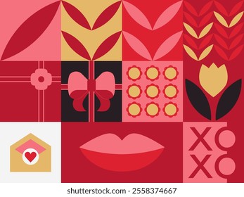 Vector illustration featuring Scandinavian geometric flowers and heart motifs. Ideal for Valentines Day cards, posters, or wedding decor.