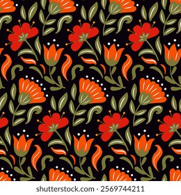 vector illustration featuring Scandinavian-style floral patterns infused with Slavic elements. This artwork combines intricate motifs and vibrant colors, ideal for textiles, wallpapers, and home decor