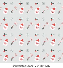 A Vector illustration featuring a seamless pattern of Christmas symbols like Santa, holly, and snowflakes, providing a festive and decorative design for the holiday season.