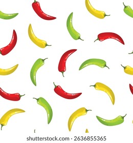 Vector illustration featuring a seamless pattern of colorful red, green, and yellow chili peppers on a white background. Bright and vivid design perfect for culinary and food-related projects.