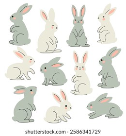 Vector illustration featuring a set of adorable white and gray rabbits in various poses. Perfect for Easter-themed designs, children's illustrations, greeting cards, and textiles.