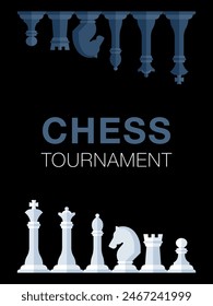 Vector illustration featuring a set of black and white chess pieces arranged in a way that’s perfect for a chess tournament poster