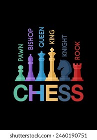 Vector illustration featuring a set of colorful chess pieces arranged on a black background, with each piece meticulously labeled with its name