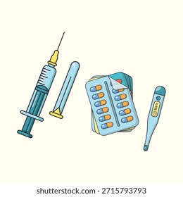 Ilustración vectorial con un conjunto de suministros médicos que incluye una jeringa, una píldora de cápsula y un termómetro digital. Este concepto representa el tratamiento médico integral, la prevención de la gripe, los programas de vacunación y la atención farmacéutica. Ideal para anuncios de farmacias y carteles de concienciación sobre la atención médica. Aislado sobre fondo blanco.