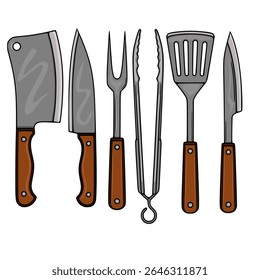 A vector illustration featuring a set of six meticulously detailed barbecue tools, including a cleaver, chefs knife, carving fork, tongs, spatula, and paring knife, all with brown handles, set aga...