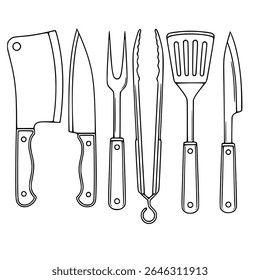 A vector illustration featuring a set of six distinct kitchen utensils: cleaver, chefs knife, carving fork, tongs, spatula, and paring knife, all rendered in a minimalist black line art style agai...