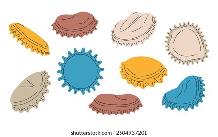 vector illustration featuring a set of used metal caps from glass bottles. These caps, showing signs of wear and tear, are perfect for projects