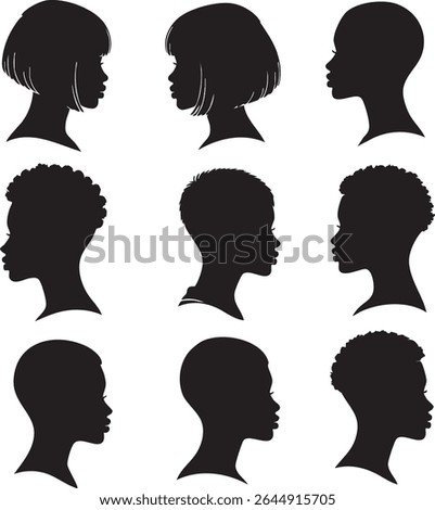 A vector illustration featuring several silhouettes of black girls with short hair
