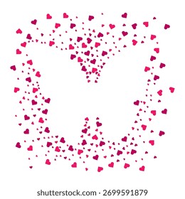 Ilustración vectorial con una lluvia de confeti en forma de corazón dispersos para formar una forma de mariposa, ideal para invitaciones románticas a eventos, fondos de bodas y diseños de San Valentín.