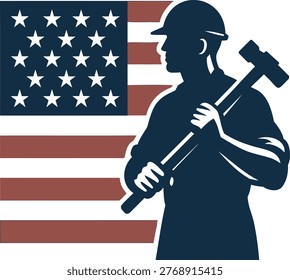 A vector illustration featuring the silhouette of a construction worker wearing a hard hat and holding a sledgehammer, set against an American flag design.