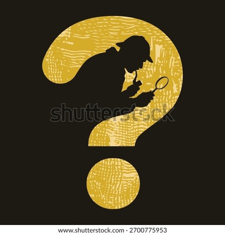 Vector illustration featuring the silhouette of a detective holding a magnifying glass inside a large stylized question mark