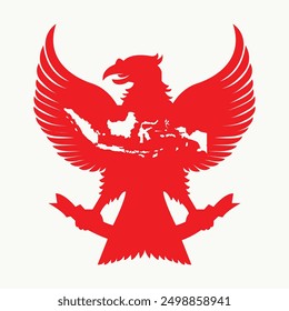 Una Ilustración vectorial con la silueta del pájaro Garuda superpuesta en el mapa de Indonesia, celebrando el Día de la Independencia de Indonesia.