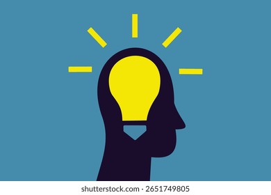 Vector illustration featuring the silhouette of a human head with a glowing light bulb as a brain, symbolizing concepts such as creativity, ideas, innovation and intellectual breakthroughs in a simple