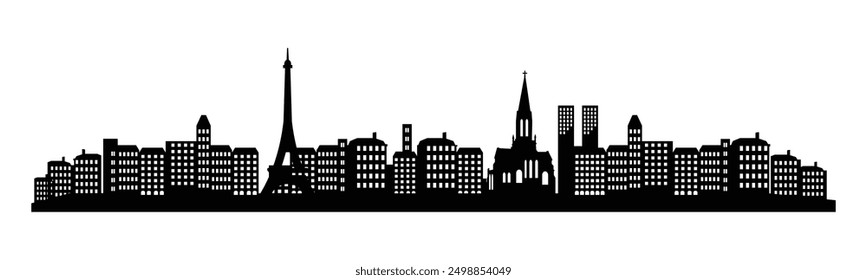 A vector illustration featuring the silhouette of Paris cityscape, including the Eiffel Tower and iconic cathedrals.