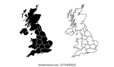 A vector illustration featuring silhouettes and outlines of the United Kingdom and its constituent countries. The image presents a black silhouette alongside a white outline version on a white background.