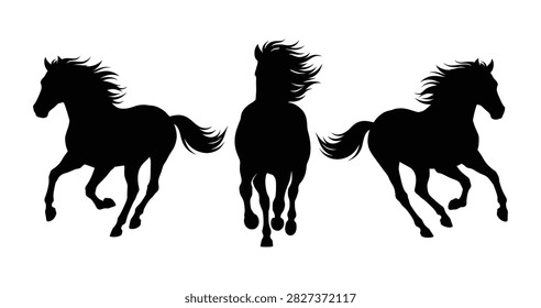 A vector illustration featuring silhouettes of three horses in motion, with two running from opposite sides and one galloping directly forward.