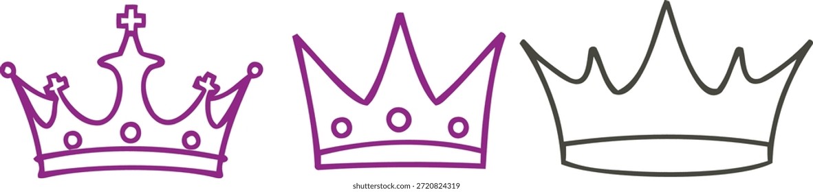Vektorgrafik mit dem einfachen, linearen Design von drei verschiedenen königlichen Kronen, perfekt, um Designs und kreativen Projekten eine königliche Note zu verleihen. (150 Zeichen)