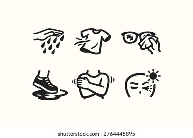 A vector illustration featuring six essential icons depicting everyday environmental interactions and bodily responses like washing hands wind chill and sun exposure