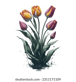 A vector illustration featuring six vibrant and beautifully painted tulip flowers. The watercolor effect adds a touch of softness and elegance to the artwork, making it perfect for various design.