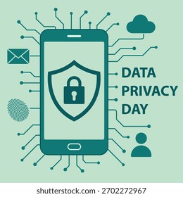 A vector illustration featuring a smartphone with a shield and lock icon, surrounded by digital elements representing data privacy and cybersecurity.