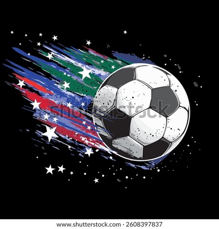 Vector illustration featuring a soccer ball in motion, with a trail of colors and stars emphasizing its dynamism
