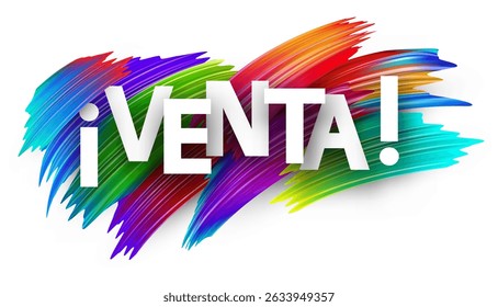 Vector illustration featuring the Spanish word for sale in bold white letters over a colorful abstract paintbrush background. Spanish promotional design.