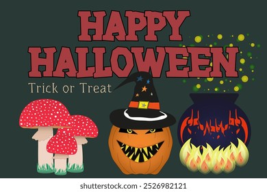 Vector illustration featuring a spooky pumpkin in a witch hat, a cauldron, and magic mushrooms. Perfect for Halloween-themed designs.