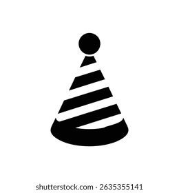 Vector illustration featuring a striped, conical party hat with a round pom-pom on top, set against a clean, transparent backdrop.