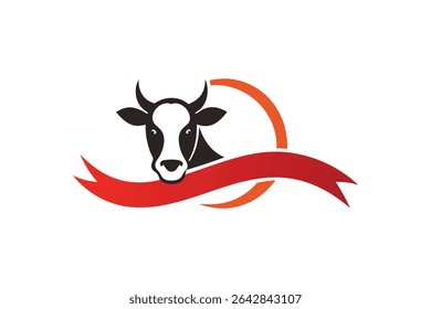 A vector illustration featuring a stylized cow encircled by a looped ribbon, creating a circular design element.