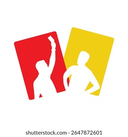 Ilustração vetorial com silhuetas estilizadas em fundos de cartão vermelho e amarelo, simbolizando decisões em eventos esportivos. Destaque de autoridade, penalidade e espírito esportivo com cor arrojada contra