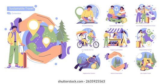 Vector illustration featuring sustainable travel concepts. Includes eco-friendly tips such as travel planning, packing, local markets, nature conservation, and low-impact travel.