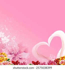 A vector illustration featuring a swan's neck forming a heart, surrounded by colorful flowers with a pink gradient background. Perfect for celebrations of love, weddings, or Valentine's Day.
