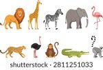 A vector illustration featuring ten cartoon animals commonly found in African habitats including lion, giraffe, zebra, elephant, flamingo, cheetah, ostrich, monkey, crocodile, and lemur. Perfect for educational materials, children’s graphics, wildlife projects, stickers, and decorative designs.
