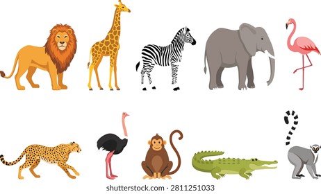 A vector illustration featuring ten cartoon animals commonly found in African habitats including lion, giraffe, zebra, elephant, flamingo, cheetah, ostrich, monkey, crocodile, and lemur. Perfect for educational materials, children’s graphics, wildlife projects, stickers, and decorative designs.