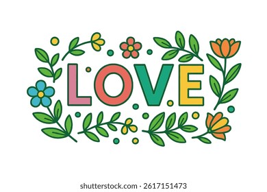 A vector illustration featuring the text 'love' in a simple, flat geometric and linear style, presented in bright colors within a horizontal frame adorned with decorative flowers and leaves