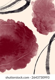Ilustração vetorial apresentando formas abstratas texturizadas em tons de vermelho profundo e carvão, contrastado por linhas brancas delicadas, evocando uma sensação de drama moderno e interação sutil de forma e textura.