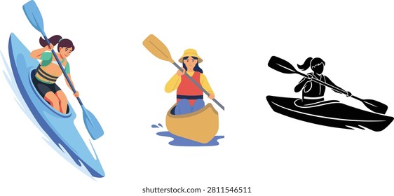 A vector illustration featuring three artistic representations of kayaking, including a dynamic paddler, a calm canoe‑style kayaker, and a black silhouette. Perfect for sports graphics, outdoor adventure projects, and recreational design assets.
