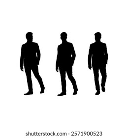 Vector illustration featuring three black silhouettes of business professionals walking in formal attire. Perfect for corporate branding, presentations, and dynamic business concepts.