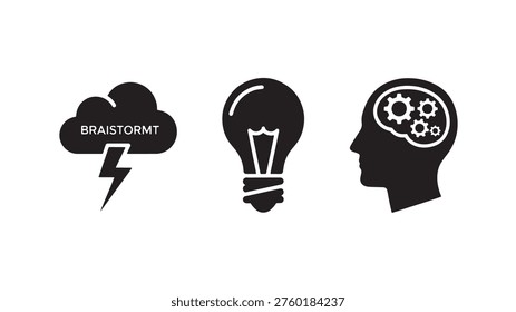 A vector illustration featuring three black and white icons representing brainstorming and innovation: a cloud with a lightning bolt and the word 'BRAISTORMT', a light bulb, and a human head with gears in the brain, set against a clean white background with a modern and minimalist aesthetic.