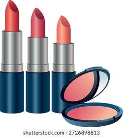 Eine Vektorgrafik mit drei Kugellippenstiften in roten und rosafarbenen Tönen neben einem offenen, kompakten Pulvergehäuse mit Spiegel. Ideal für Beauty-, Kosmetik-, Mode- und Make-up-bezogene Designs, Werbung und Produktpräsentationen.