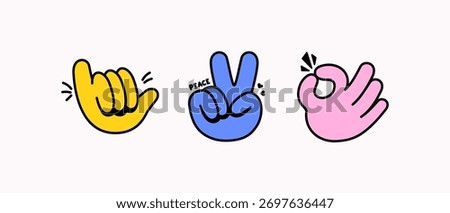 Vector illustration featuring three cartoon hands in yellow, blue, and pink making shaka, peace, and ok gestures. perfect for communication, emoji, social media, or pop art design projects