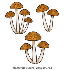A vector illustration featuring three clusters of stylized brown mushrooms with unique textured caps, isolated on a white background, perfect for autumnal designs.