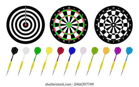 Eine Vektorillustration mit drei Dartboards und einer Reihe von bunten Dartpfeilen in verschiedenen Stilen und Farben auf weißem Hintergrund.