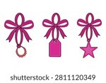 A vector illustration featuring three decorative purple bows, each hanging a different item: a small beaded ring, a blank rectangular gift tag, and a star.