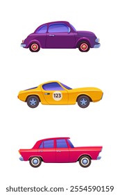 Vector illustration featuring three different retro cars in a cartoon style